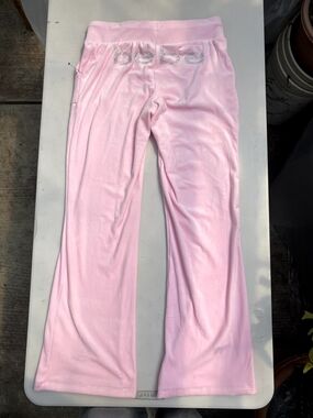 bebe Light Pink Flared Velour Rhinestone Logo Sweatpants